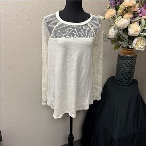 Free People Ivory Sheer Lace Sleeve Top